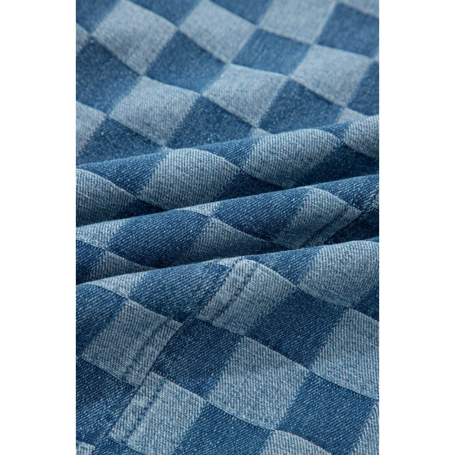 Frayed Hem Checkered Denim Mini Dress Apparel and Accessories