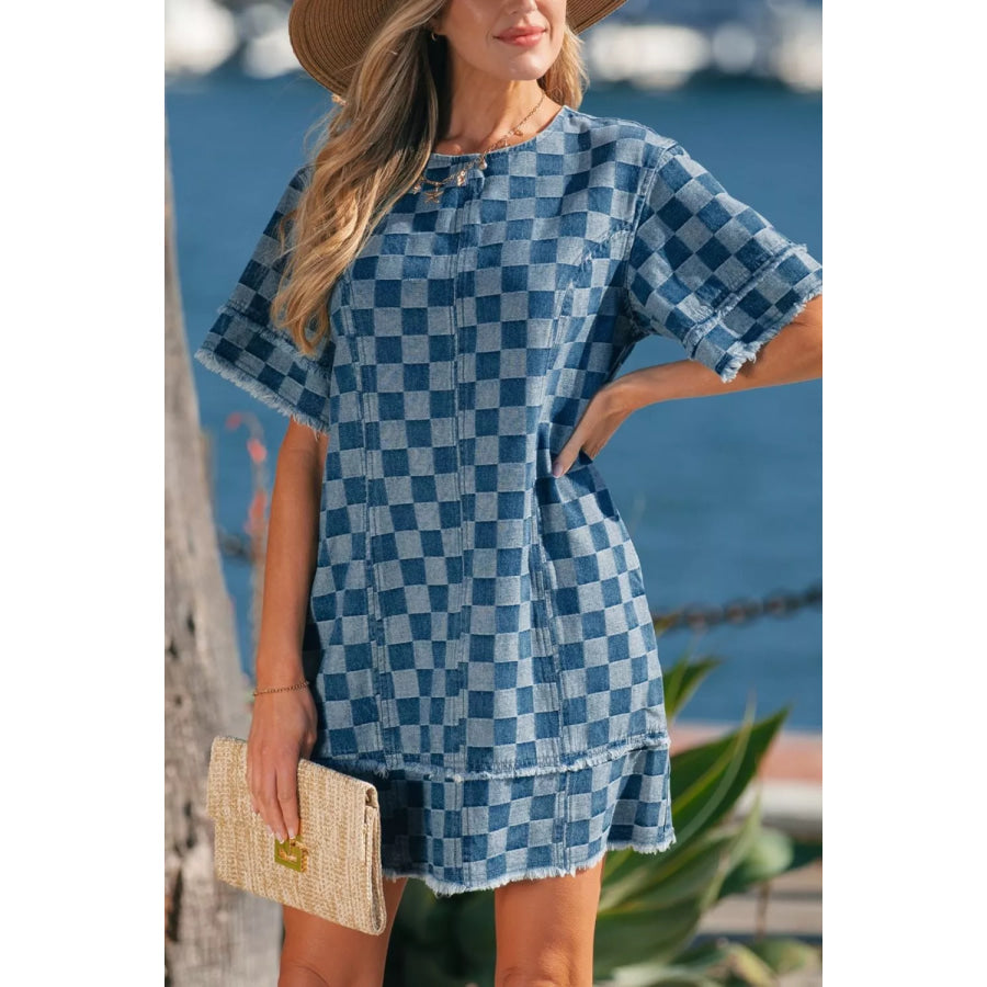 Frayed Hem Checkered Denim Mini Dress Apparel and Accessories