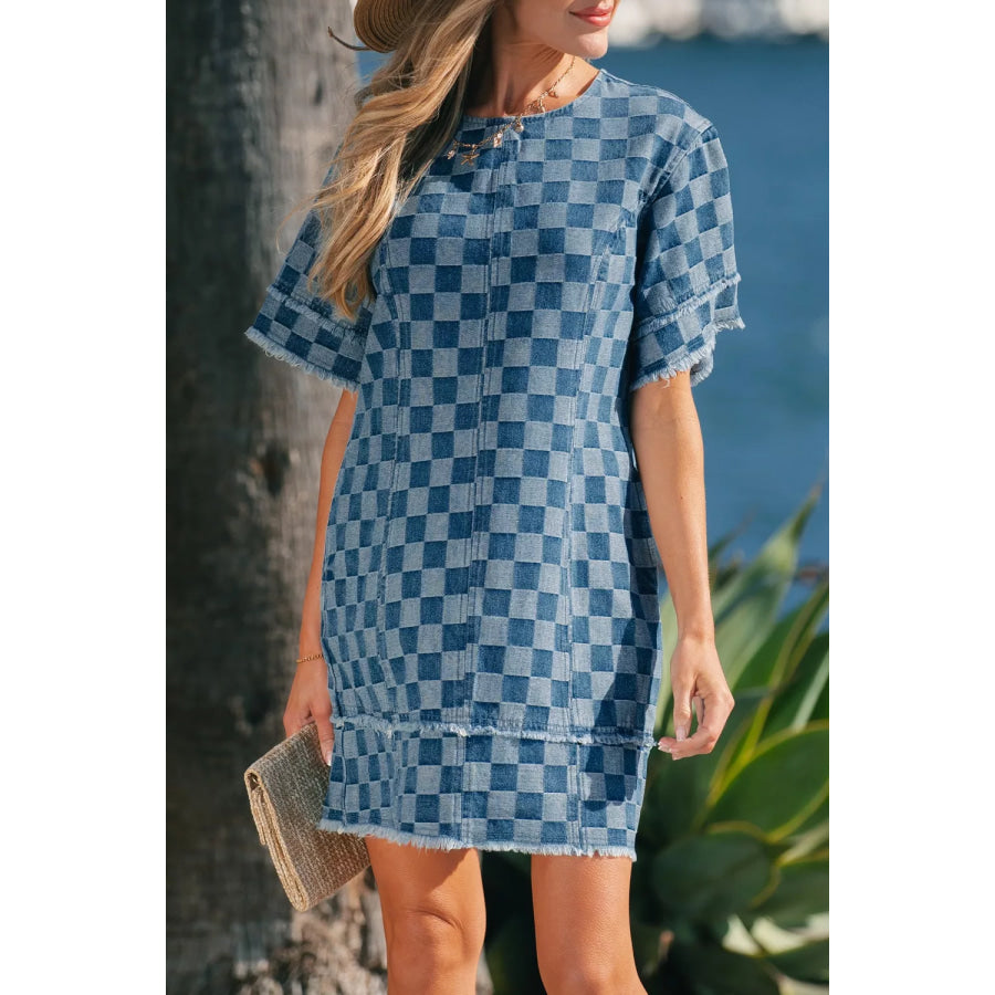 Frayed Hem Checkered Denim Mini Dress Apparel and Accessories