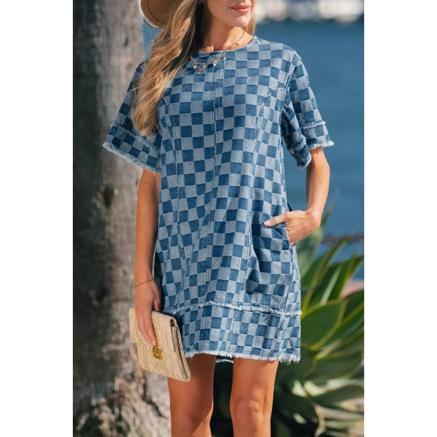 Frayed Hem Checkered Denim Mini Dress Medium / S Apparel and Accessories
