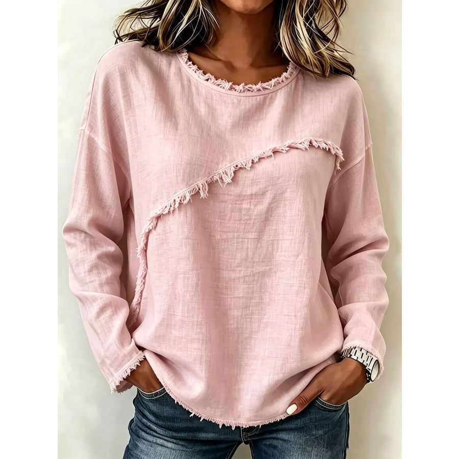 Frayed Hem Dropped Shoulder Blouse Blush Pink / S Apparel and Accessories