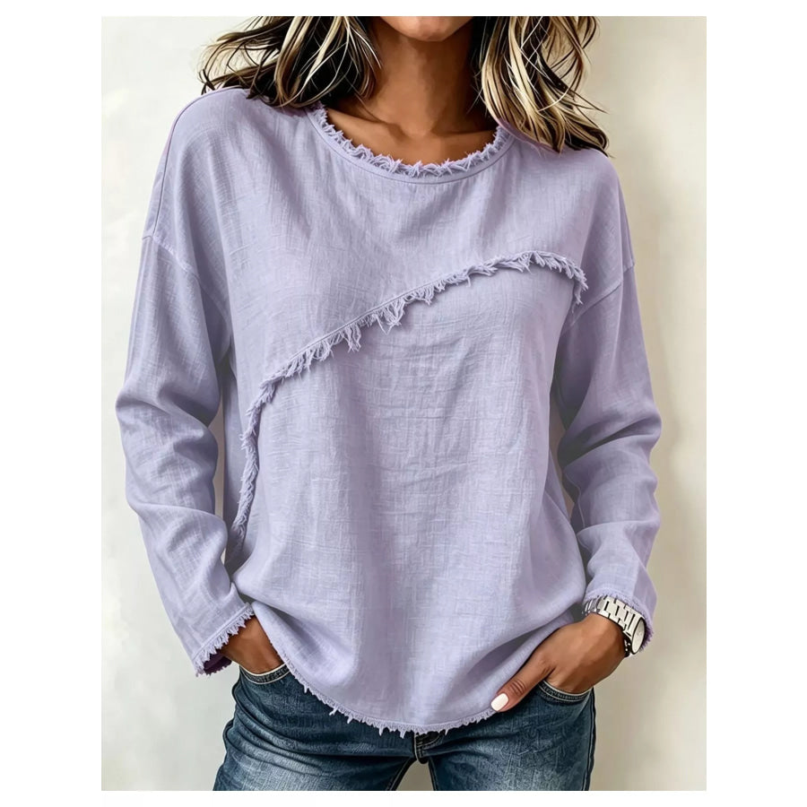 Frayed Hem Dropped Shoulder Blouse Pink Purple / S Apparel and Accessories