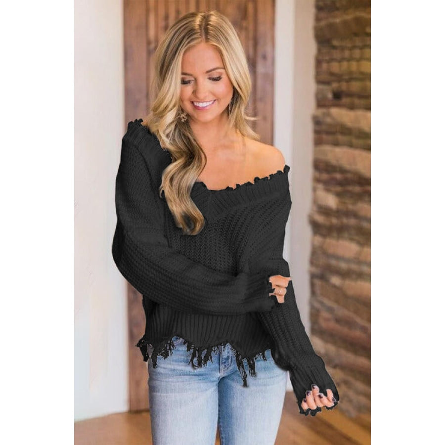 Frayed Hem Dropped Shoulder Sweater Black / S