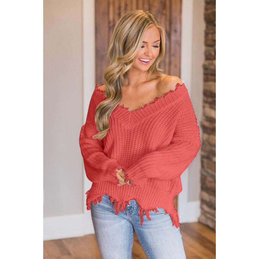 Frayed Hem Dropped Shoulder Sweater Coral / S