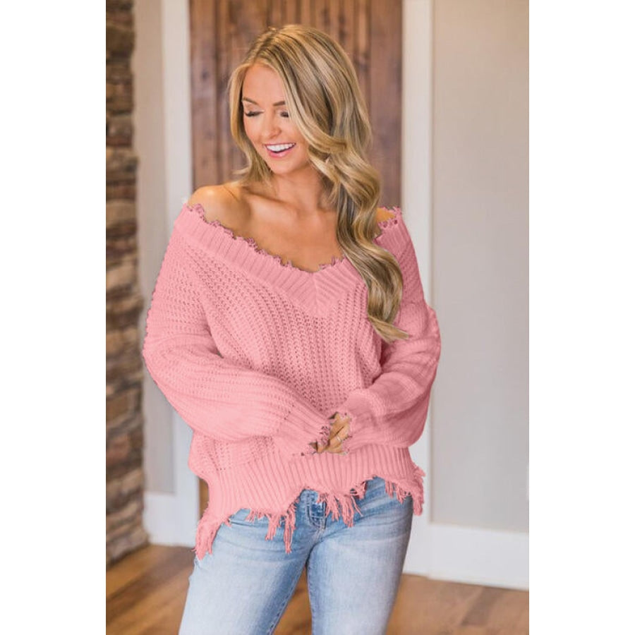 Frayed Hem Dropped Shoulder Sweater Dusty Pink / S