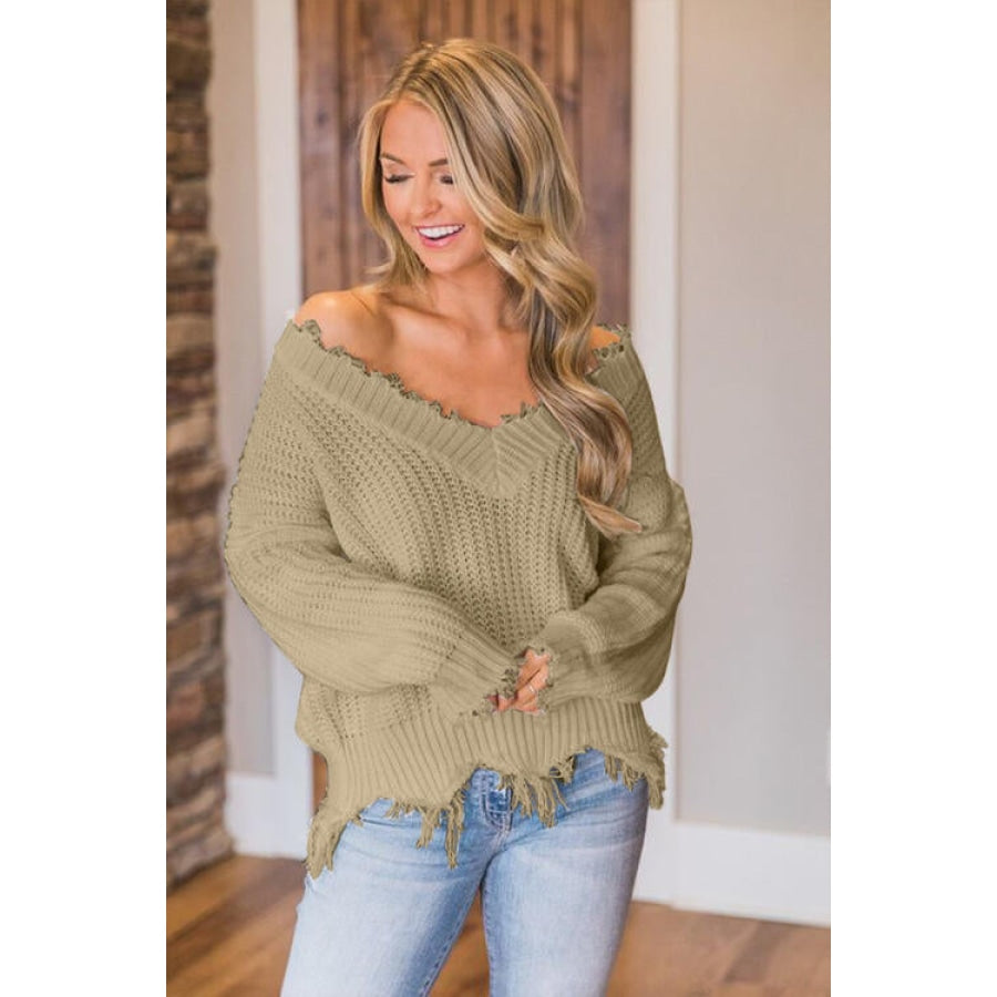 Frayed Hem Dropped Shoulder Sweater Khaki / S