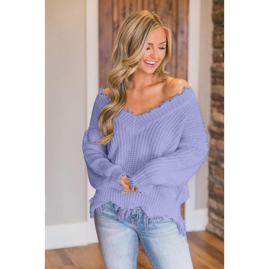 Frayed Hem Dropped Shoulder Sweater Lavender / S