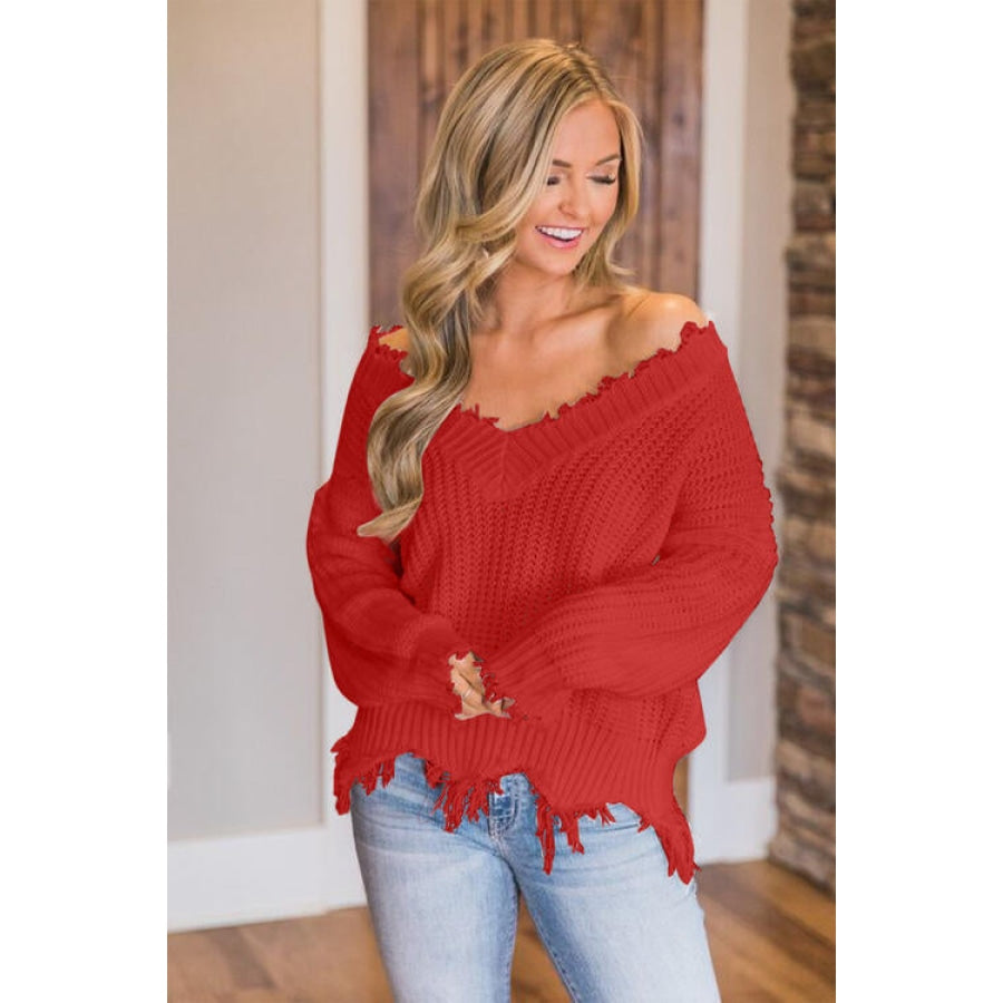 Frayed Hem Dropped Shoulder Sweater Red / S