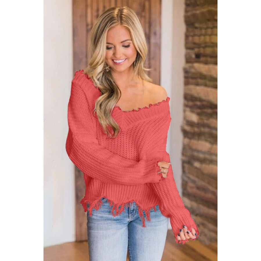 Frayed Hem Dropped Shoulder Sweater Coral / S