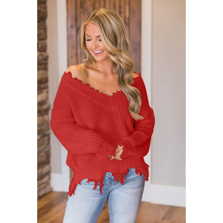 Frayed Hem Dropped Shoulder Sweater