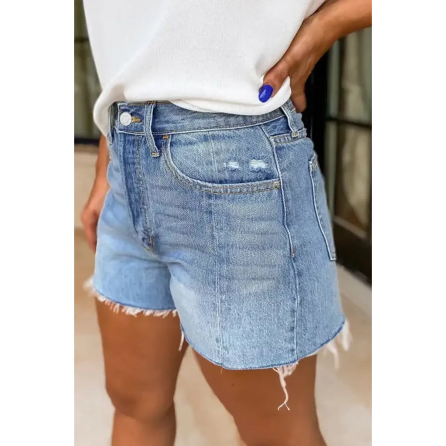 Frayed Hem High-Waisted Denim Shorts Apparel and Accessories