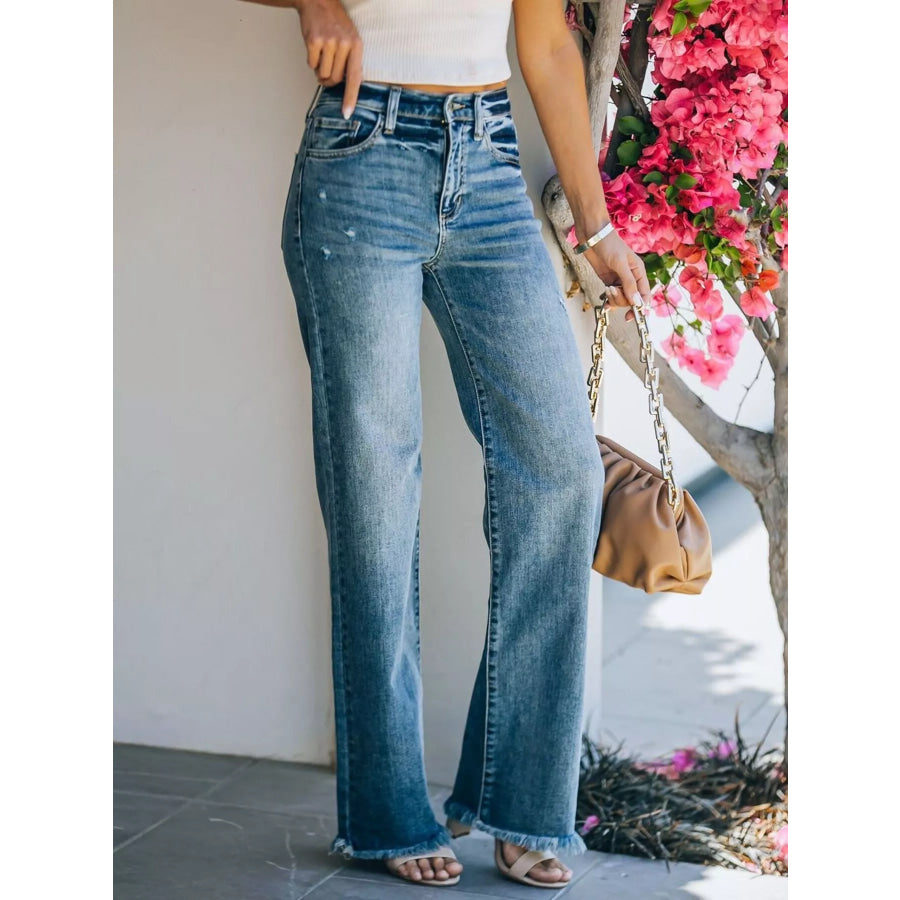 Frayed Hem High-Waisted Wide Leg Jeans Apparel and Accessories