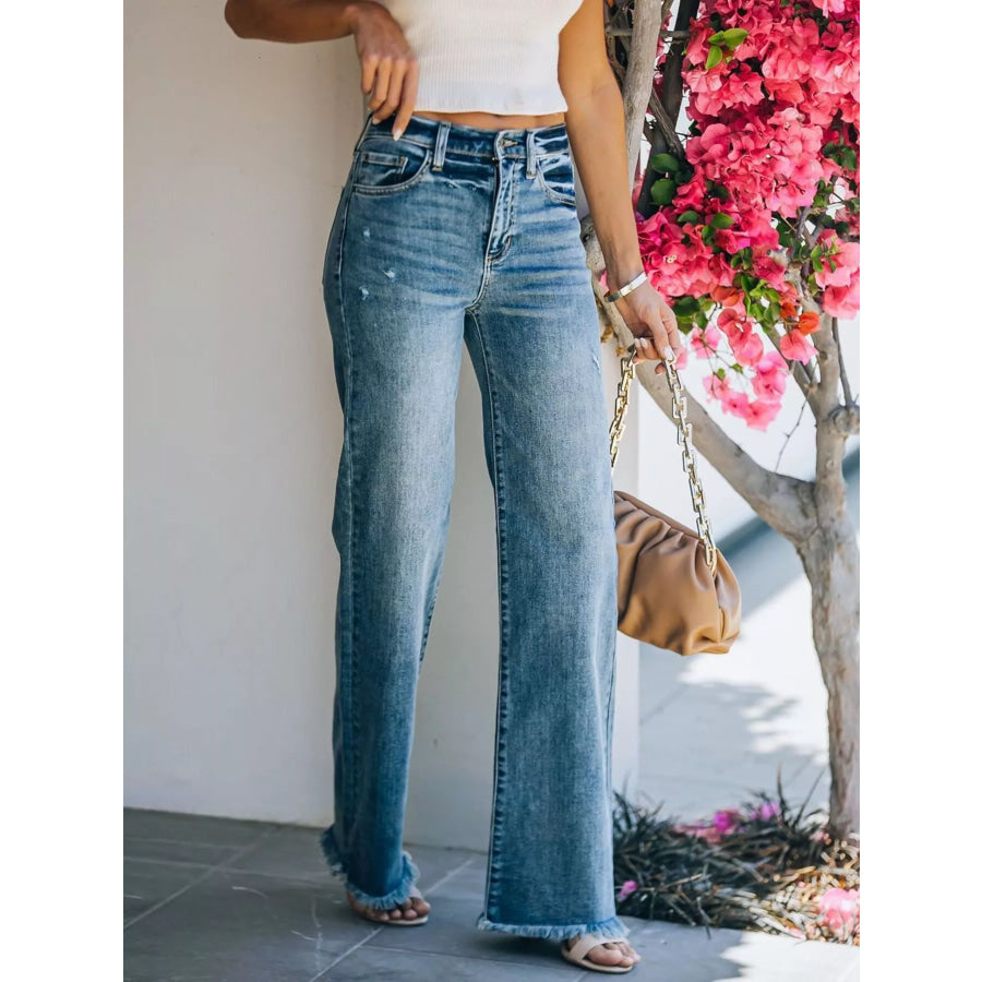 Frayed Hem High-Waisted Wide Leg Jeans Apparel and Accessories
