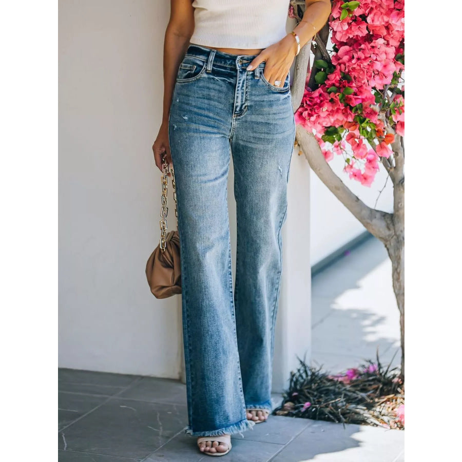 Frayed Hem High-Waisted Wide Leg Jeans Apparel and Accessories