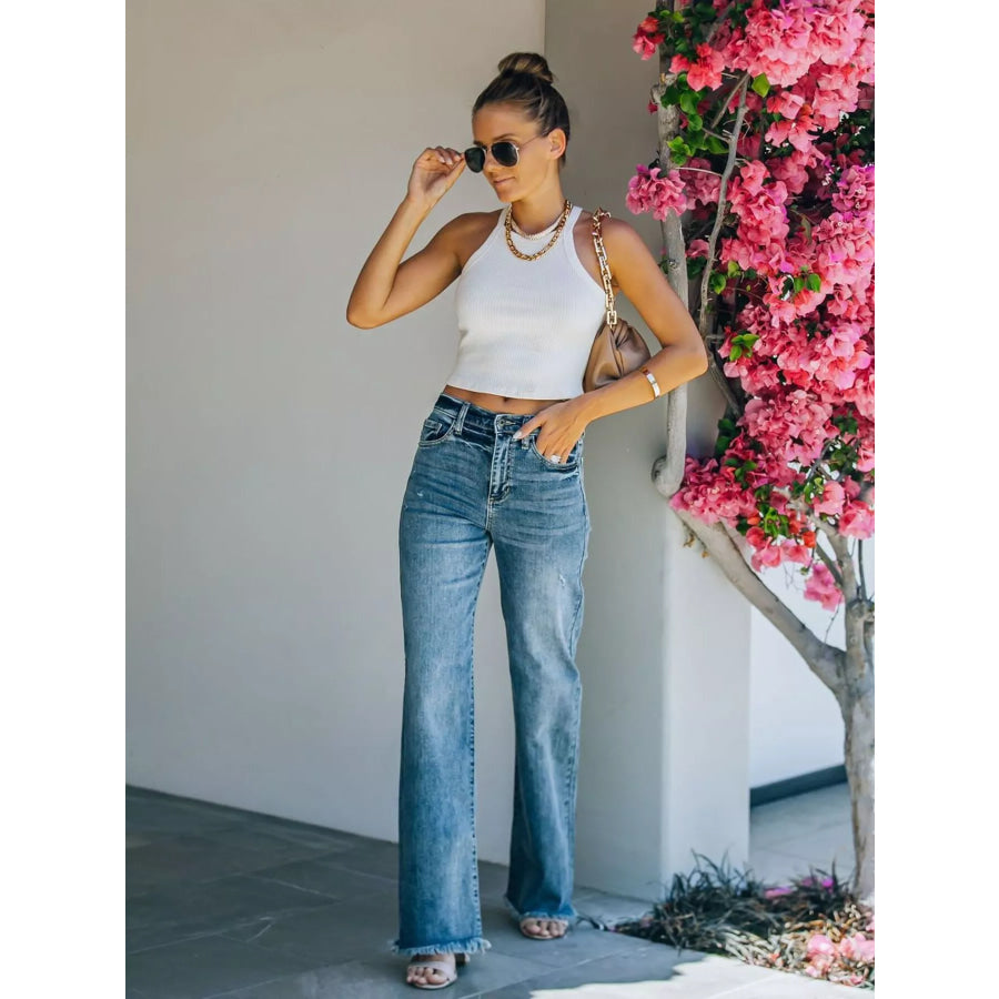 Frayed Hem High-Waisted Wide Leg Jeans Apparel and Accessories