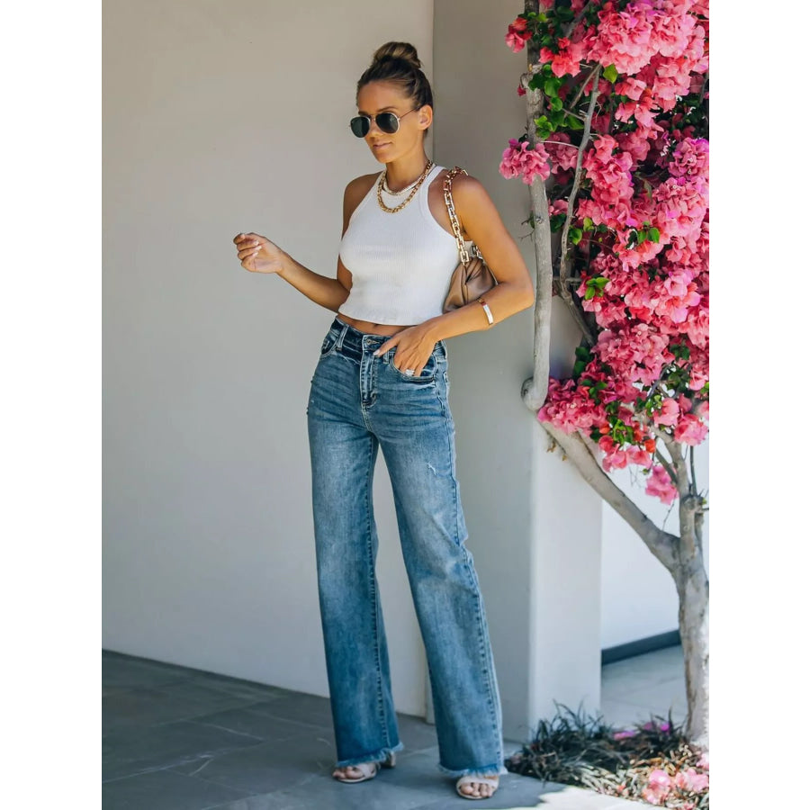 Frayed Hem High-Waisted Wide Leg Jeans Apparel and Accessories
