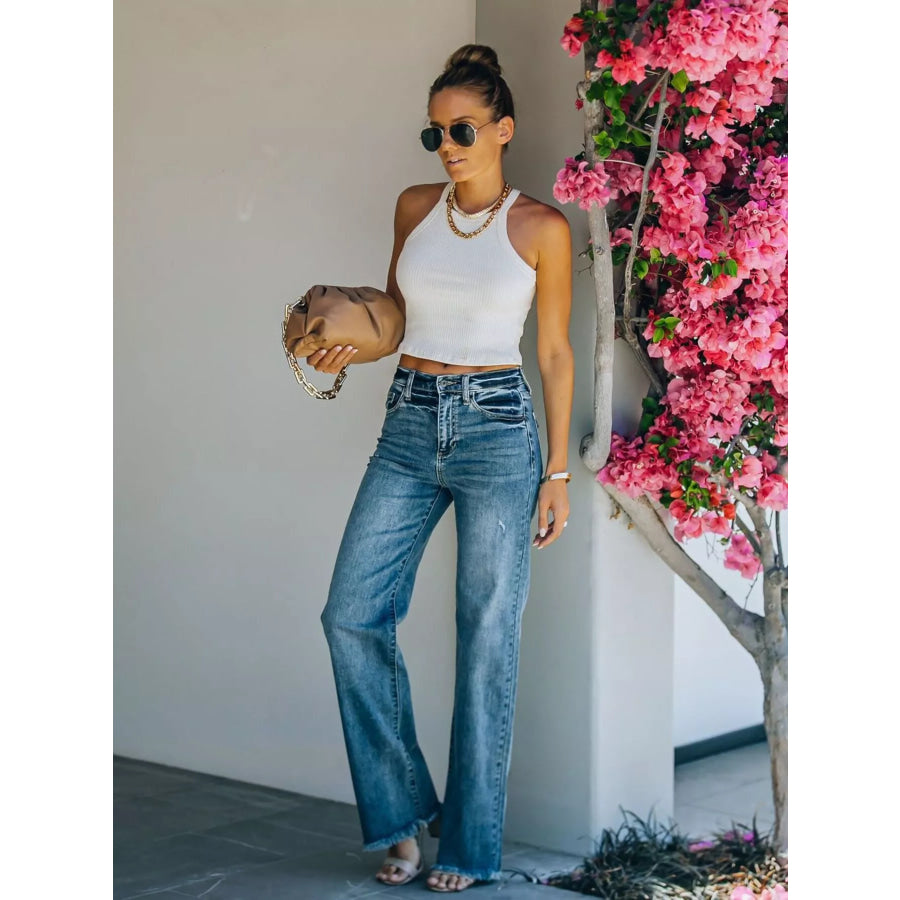 Frayed Hem High-Waisted Wide Leg Jeans Apparel and Accessories