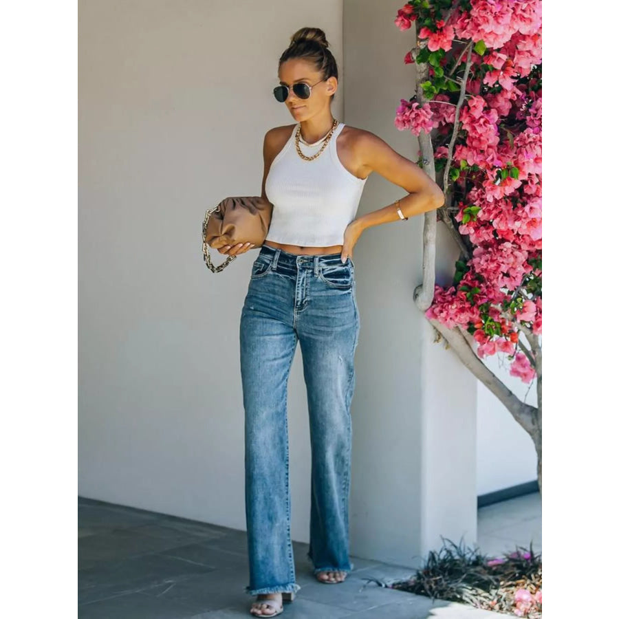 Frayed Hem High-Waisted Wide Leg Jeans Blue / S Apparel and Accessories