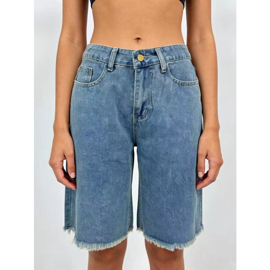 Frayed Hem Relaxed Fit Denim Shorts Blue / S Apparel and Accessories