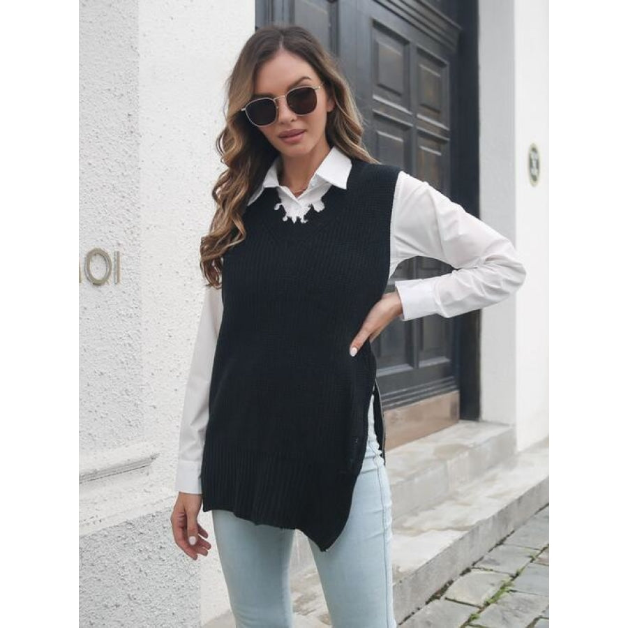 Frayed Hem Slit Sweater Vest