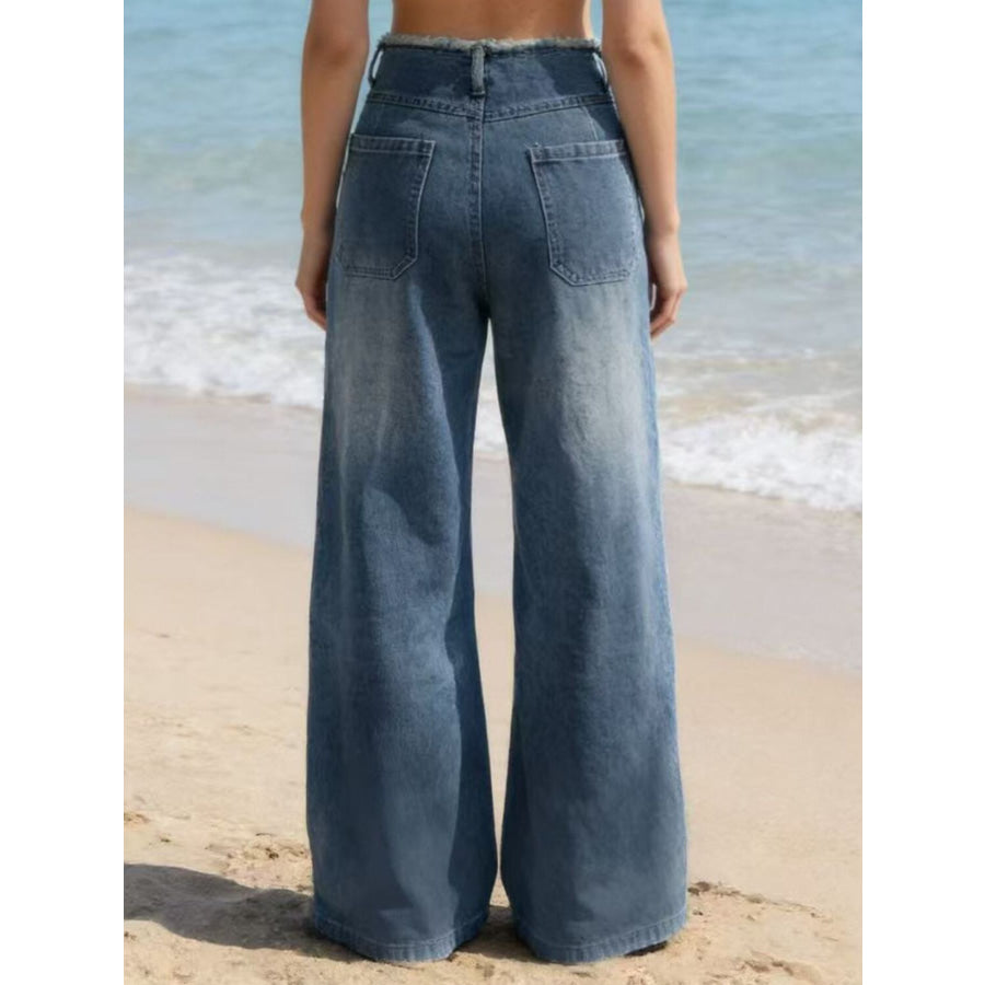 Frayed Hem Wide Leg Jeans Apparel and Accessories