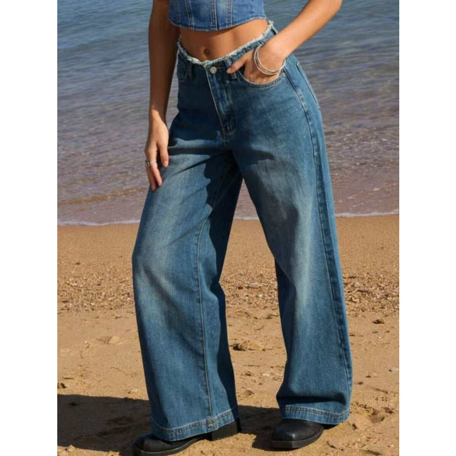 Frayed Hem Wide Leg Jeans Apparel and Accessories