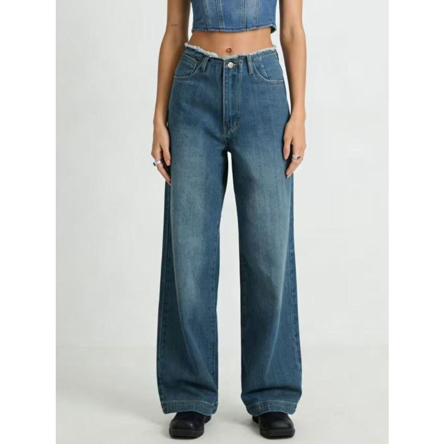 Frayed Hem Wide Leg Jeans Apparel and Accessories