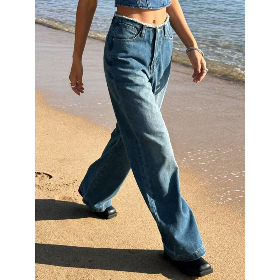 Frayed Hem Wide Leg Jeans Apparel and Accessories