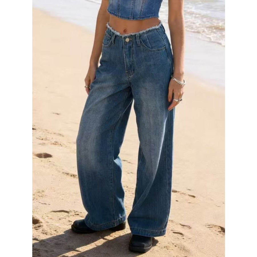 Frayed Hem Wide Leg Jeans Blue / S Apparel and Accessories