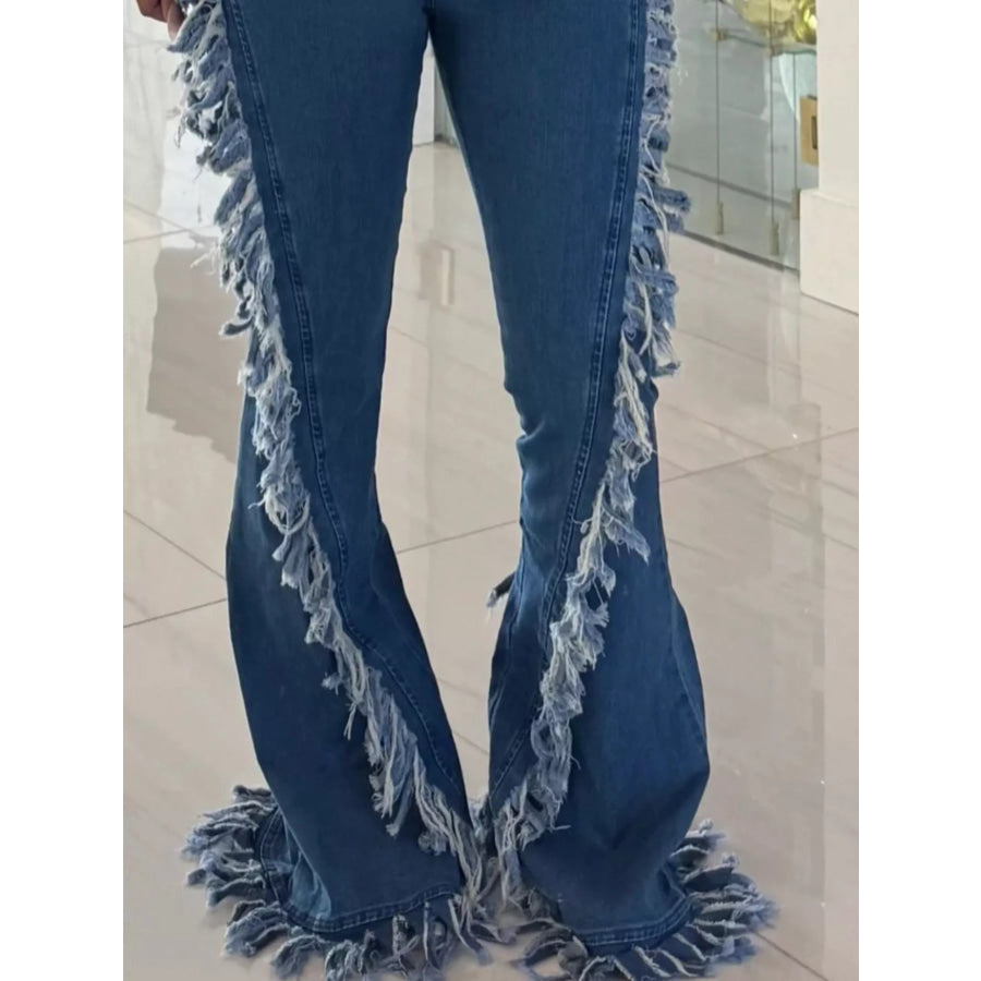 Frayed Trim High Waist Flare Jeans Apparel and Accessories