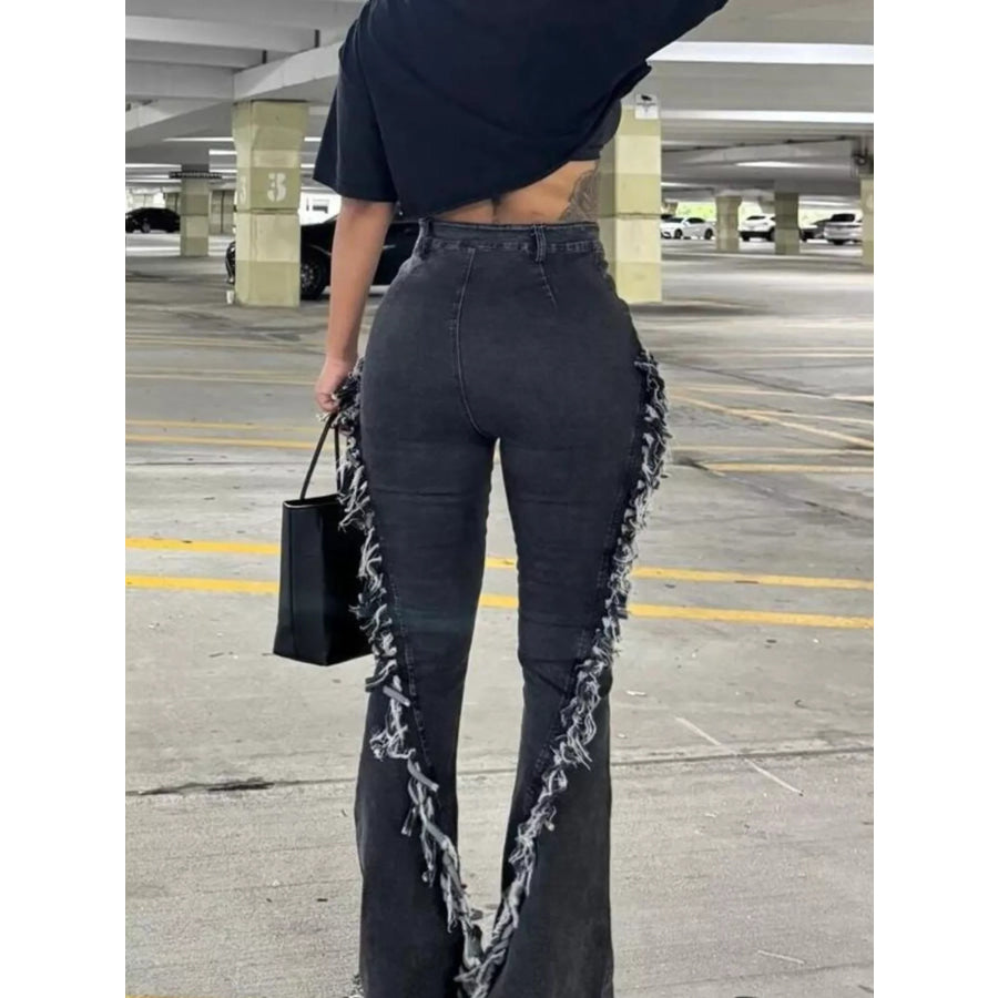 Frayed Trim High Waist Flare Jeans Apparel and Accessories