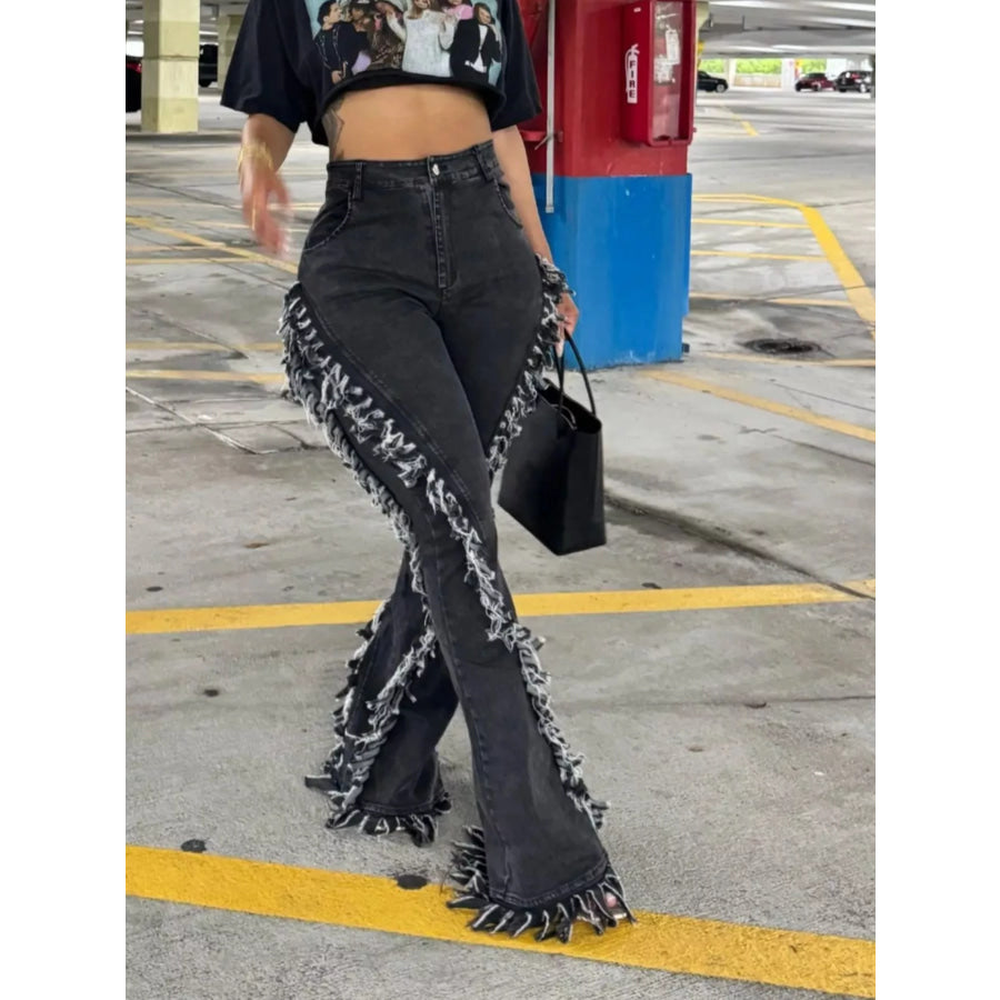 Frayed Trim High Waist Flare Jeans Apparel and Accessories