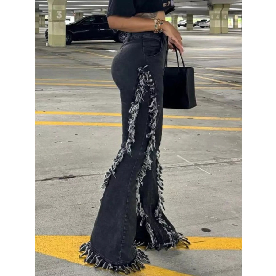Frayed Trim High Waist Flare Jeans Apparel and Accessories