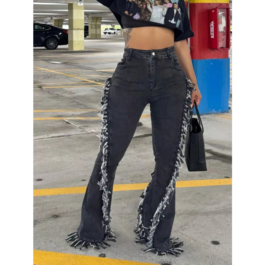 Frayed Trim High Waist Flare Jeans Apparel and Accessories