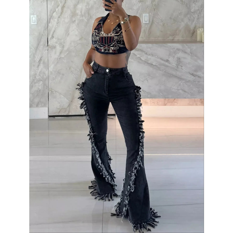 Frayed Trim High Waist Flare Jeans Black Gray / S Apparel and Accessories