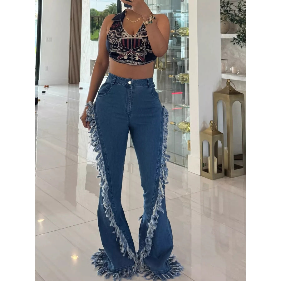 Frayed Trim High Waist Flare Jeans Blue / S Apparel and Accessories
