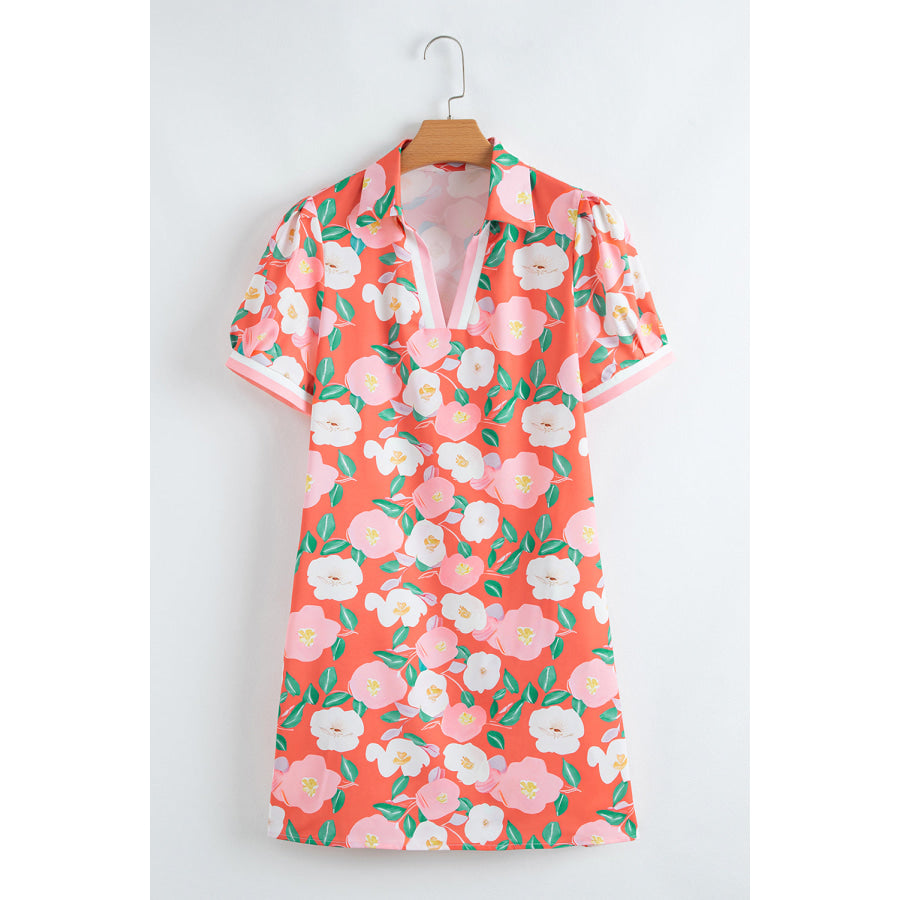 Fresh Salmon Floral Print Contrast Striped Trim Polo Collar T Shirt Dress Dresses/Floral Dresses