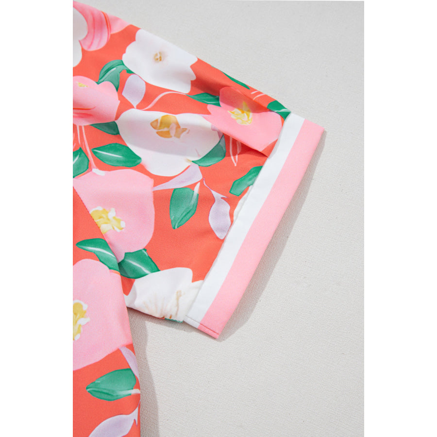 Fresh Salmon Floral Print Contrast Striped Trim Polo Collar T Shirt Dress Dresses/Floral Dresses