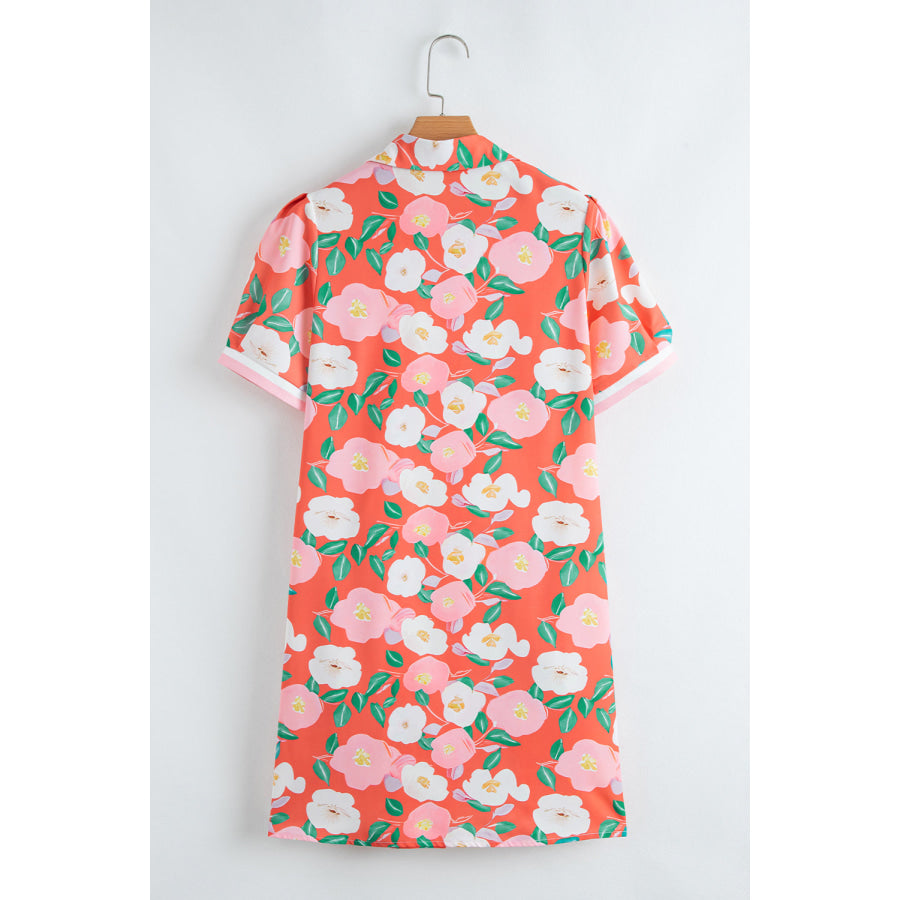 Fresh Salmon Floral Print Contrast Striped Trim Polo Collar T Shirt Dress Dresses/Floral Dresses