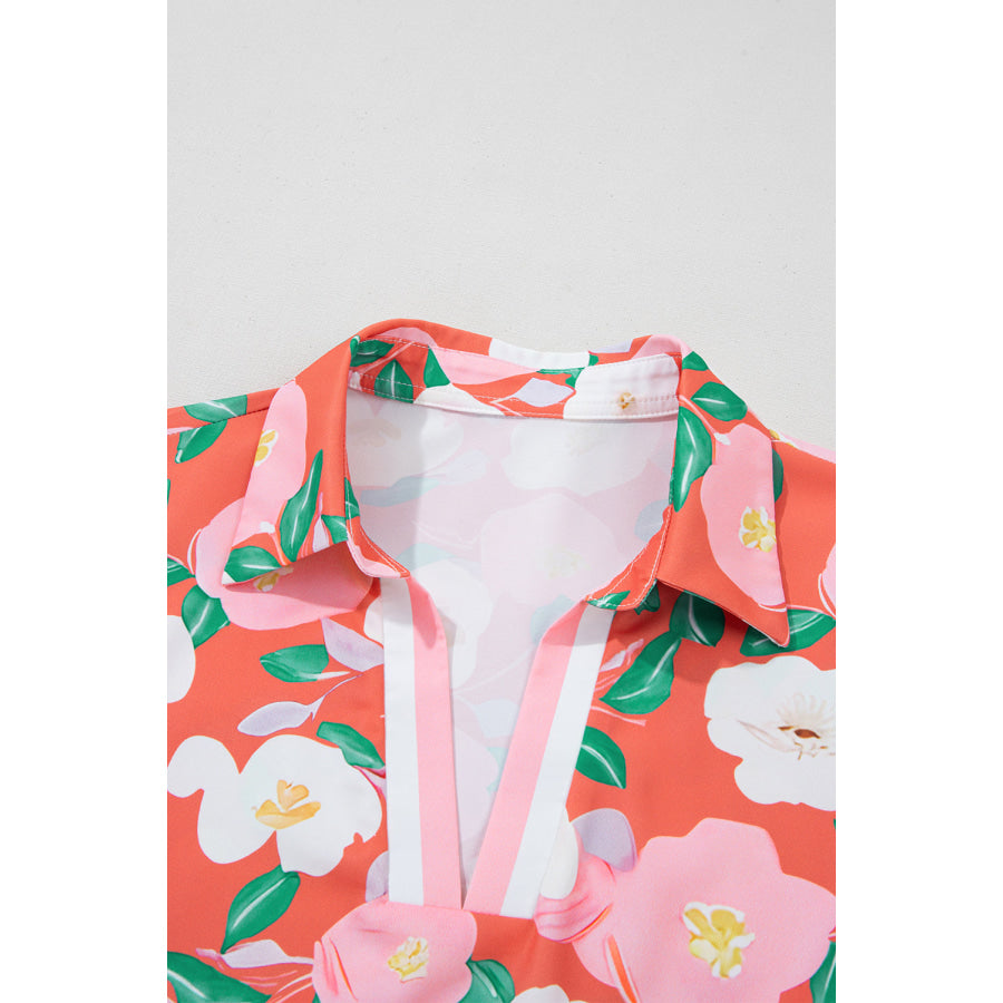 Fresh Salmon Floral Print Contrast Striped Trim Polo Collar T Shirt Dress Dresses/Floral Dresses