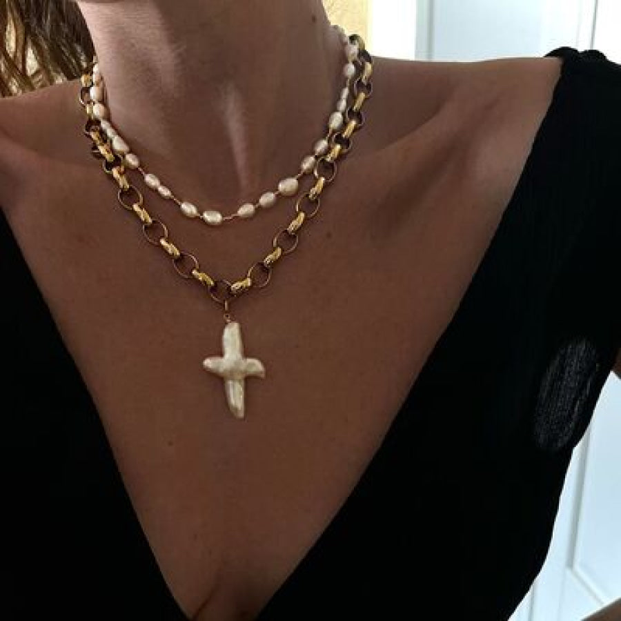 Freshwater Pearl Brass Cross Pendant Necklace Gold / One Size Apparel and Accessories