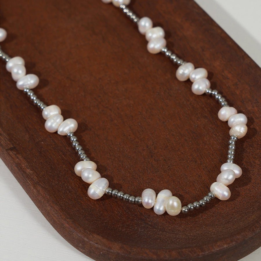 Freshwater Pearl Titanium Steel Bead Necklace Silver / One Size Apparel and Accessories