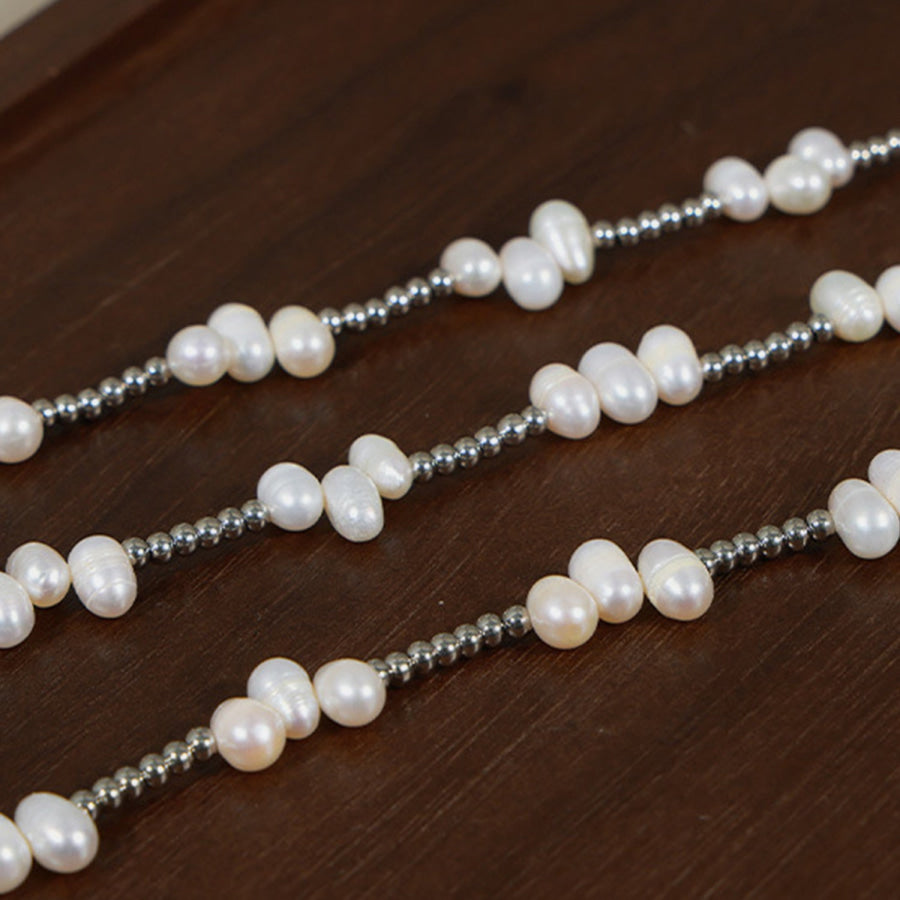 Freshwater Pearl Titanium Steel Bead Necklace Silver / One Size Apparel and Accessories