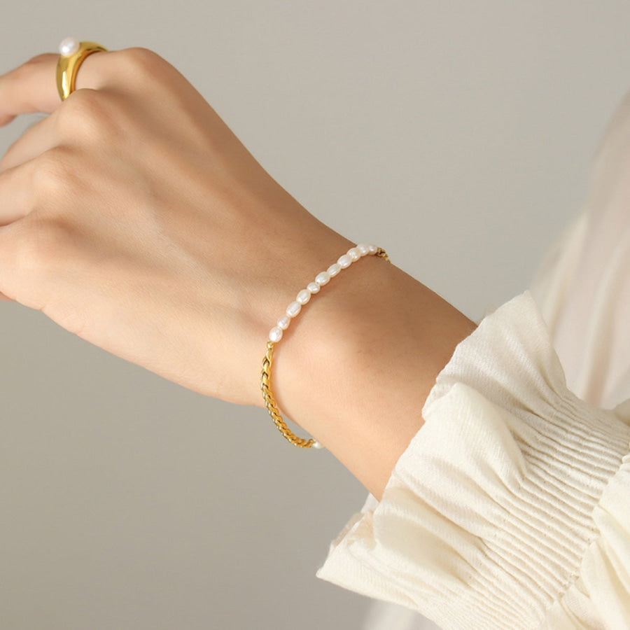 Freshwater Pearl Titanium Steel Bracelet Gold / One Size Apparel and Accessories