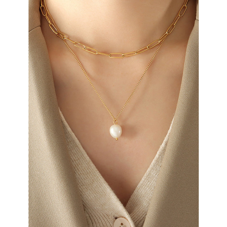 Freshwater Pearl Titanium Steel Double-Layered Necklace Gold / One Size Apparel and Accessories