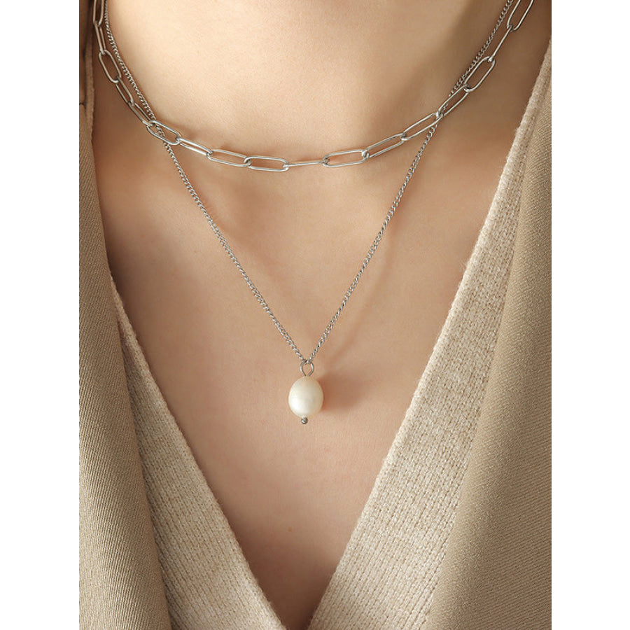 Freshwater Pearl Titanium Steel Double-Layered Necklace Silver / One Size Apparel and Accessories