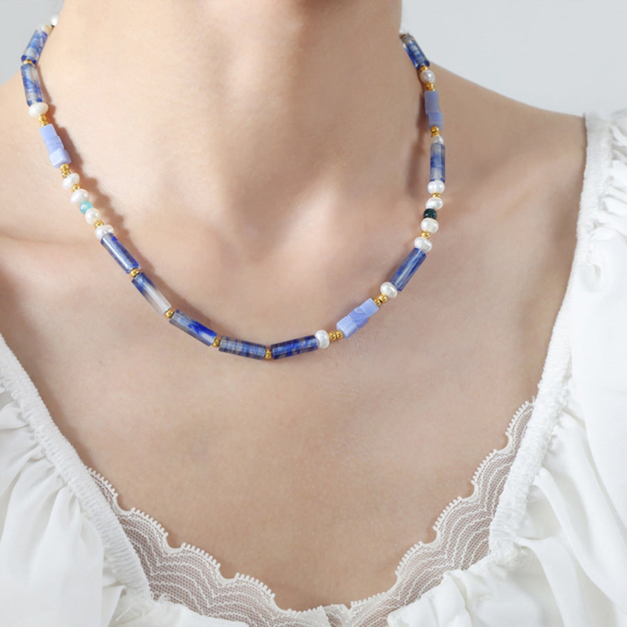 Freshwater Pearl Titanium Steel Geometric Bead Necklace Misty Blue / One Size Apparel and Accessories