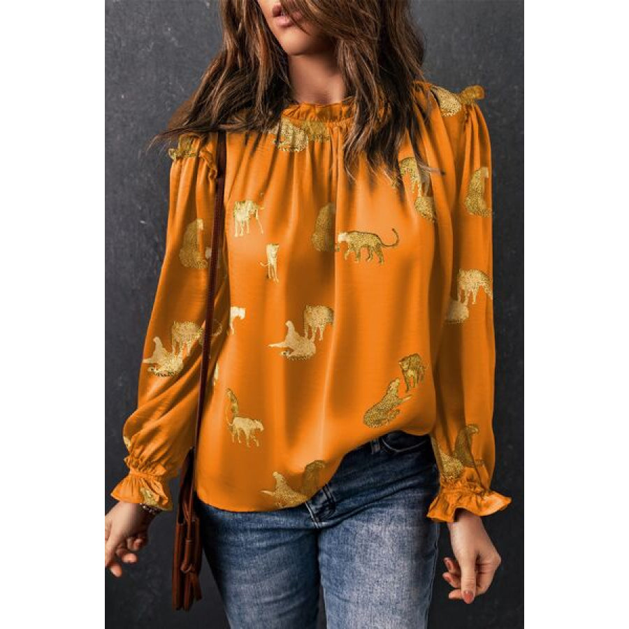 Frill Animal Flounce Sleeve Blouse Tangerine / S Apparel and Accessories