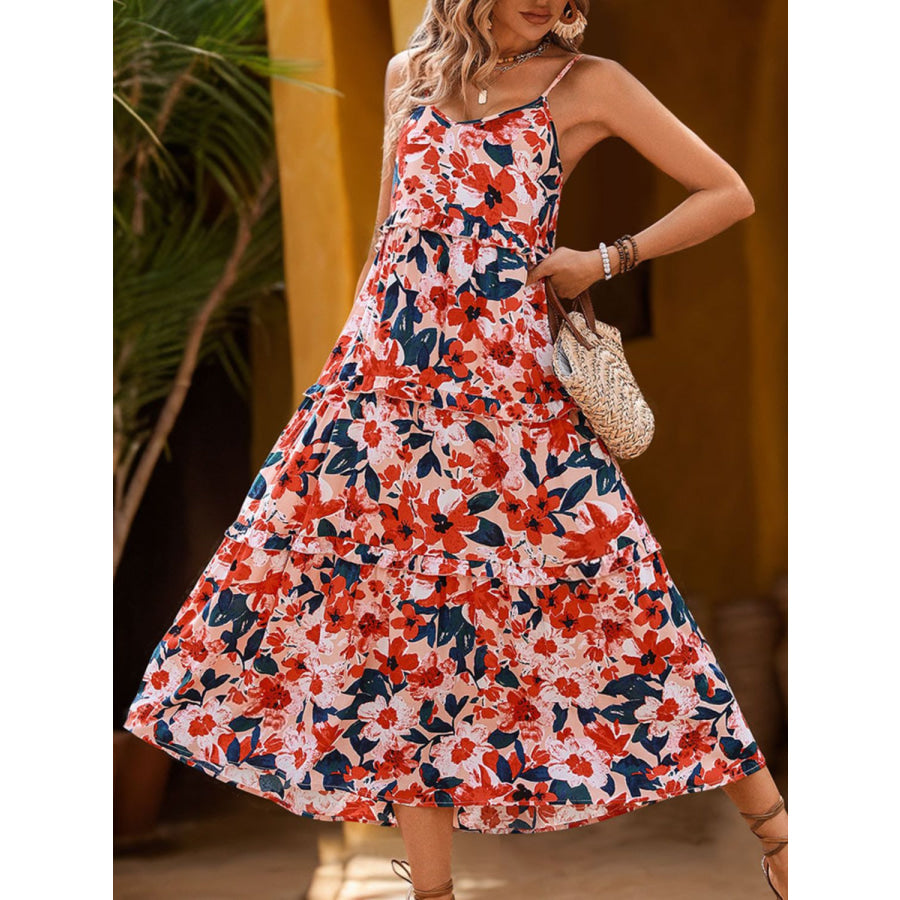 Frill Backless Printed Sleeveless Midi Dress Apparel and Accessories