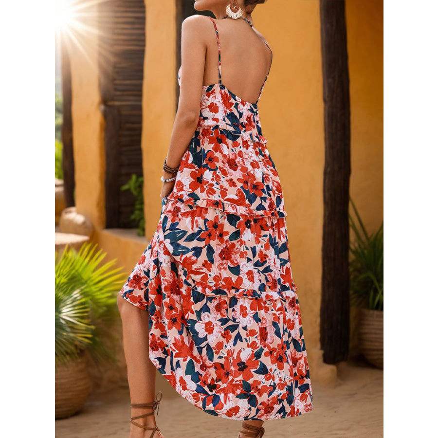 Frill Backless Printed Sleeveless Midi Dress Apparel and Accessories